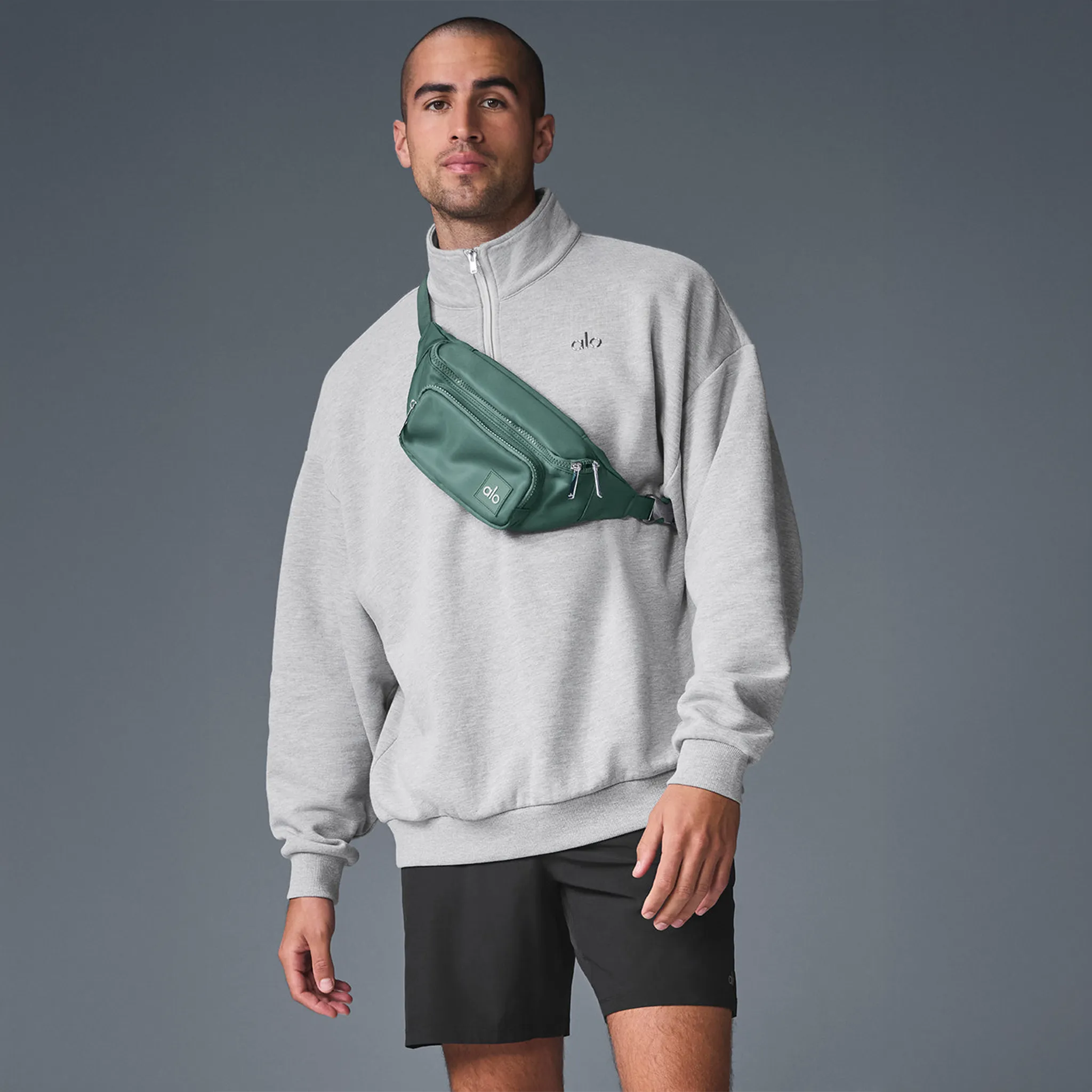 Model View of Alo Yoga Accolade 1/4 Zip Athletic Heather Grey Sweatshirt